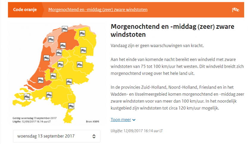  KNMI geeft code oranje af in Friesland vanwege windstoten tot 120 km/u 